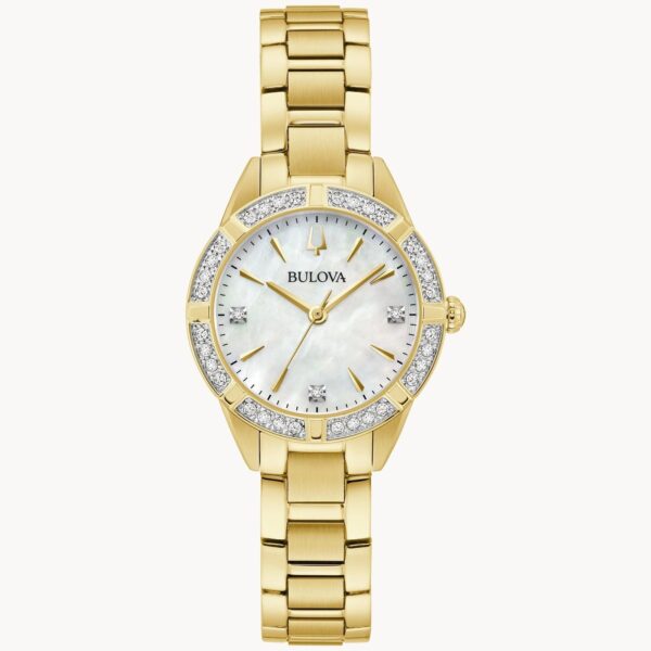 Elegant gold wristwatch with diamond markers and a mother-of-pearl dial.