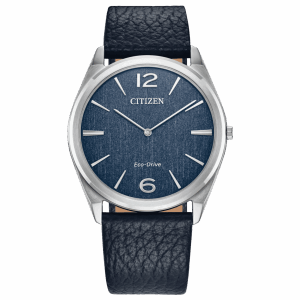 Elegant Citizen wristwatch with a dark blue leather strap and minimalist dial.