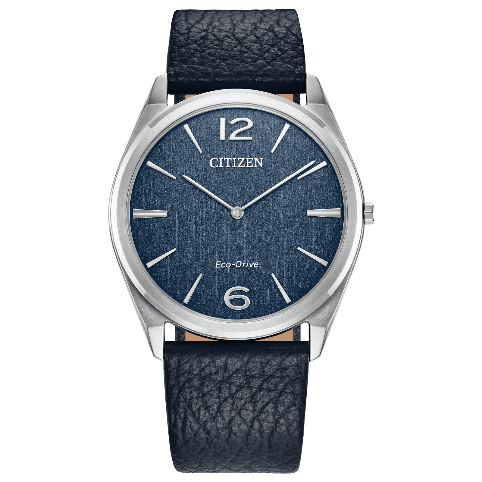 Elegant Citizen wristwatch with a dark blue leather strap and minimalist dial.