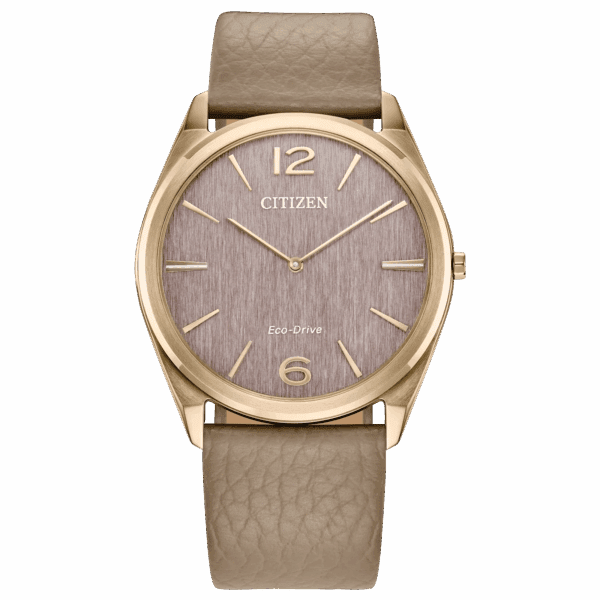 Elegant Citizen wristwatch with gold-tone case and taupe leather strap.