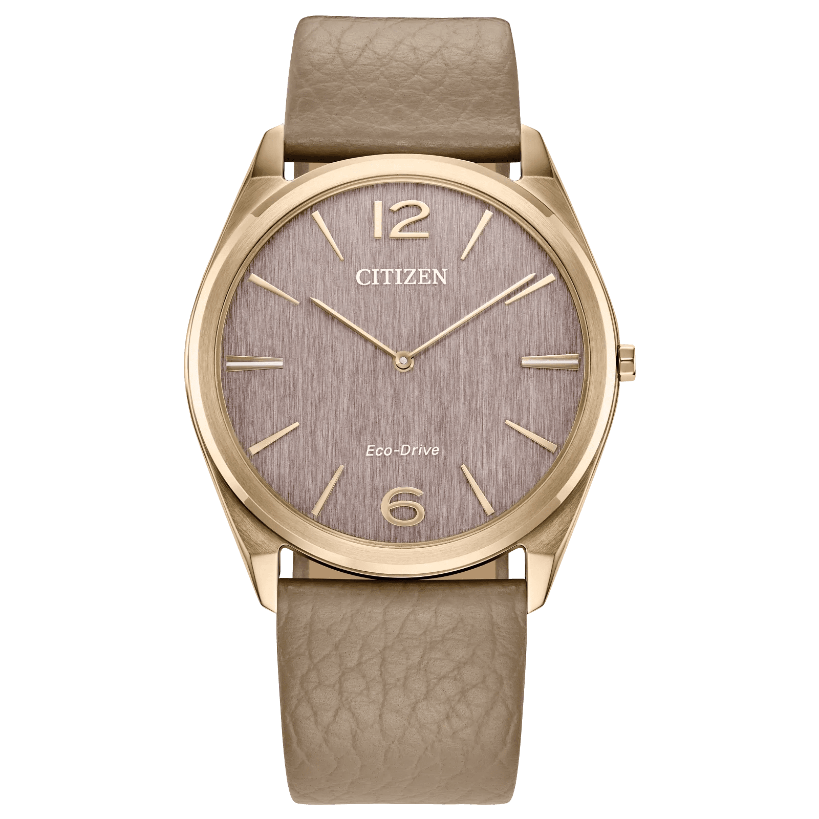 Elegant Citizen wristwatch with gold-tone case and taupe leather strap.