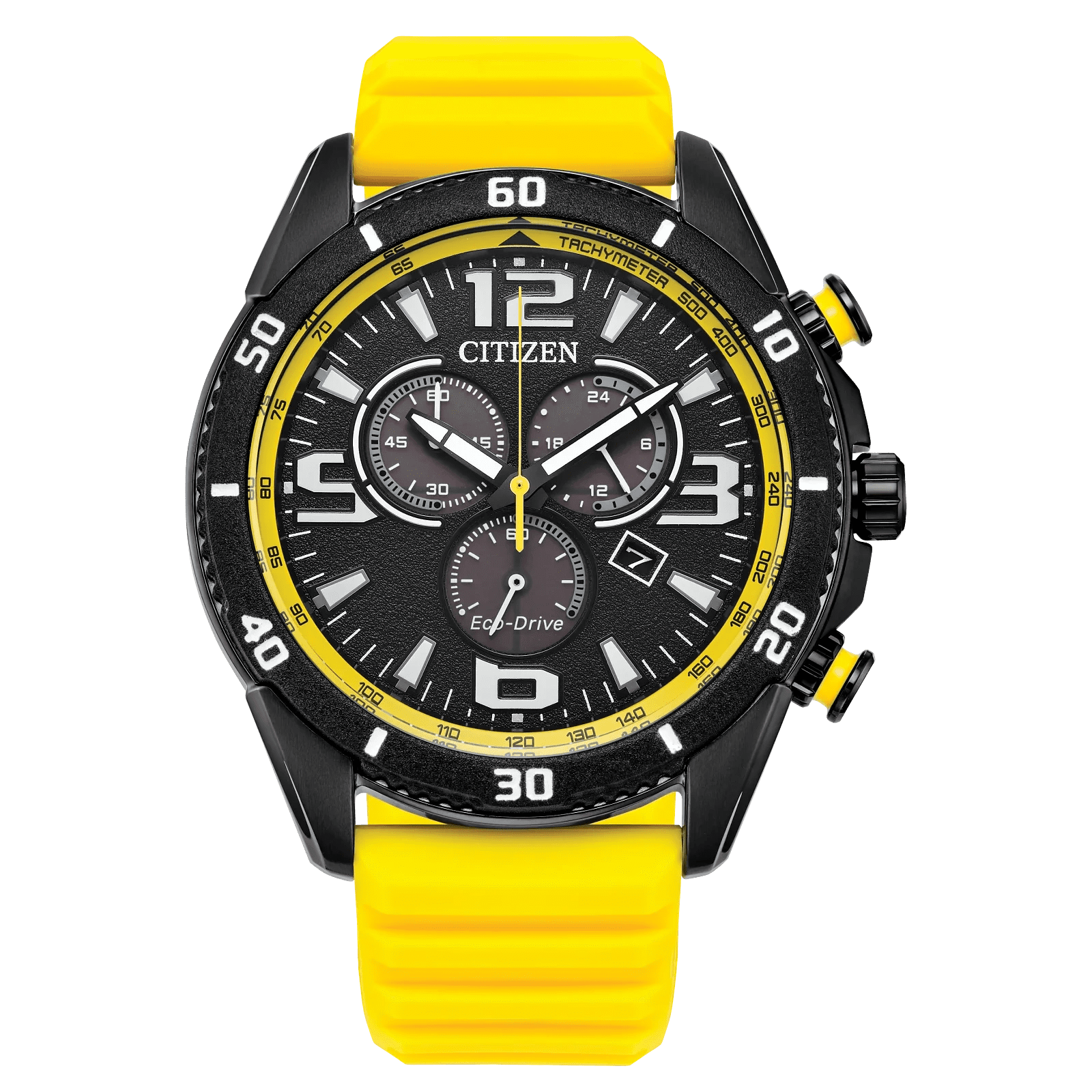 Sporty Citizen wristwatch with a yellow band and black dial.