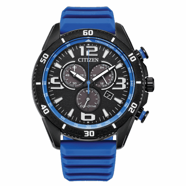 Blue Citizen chronograph watch with a black bezel and blue silicone strap.