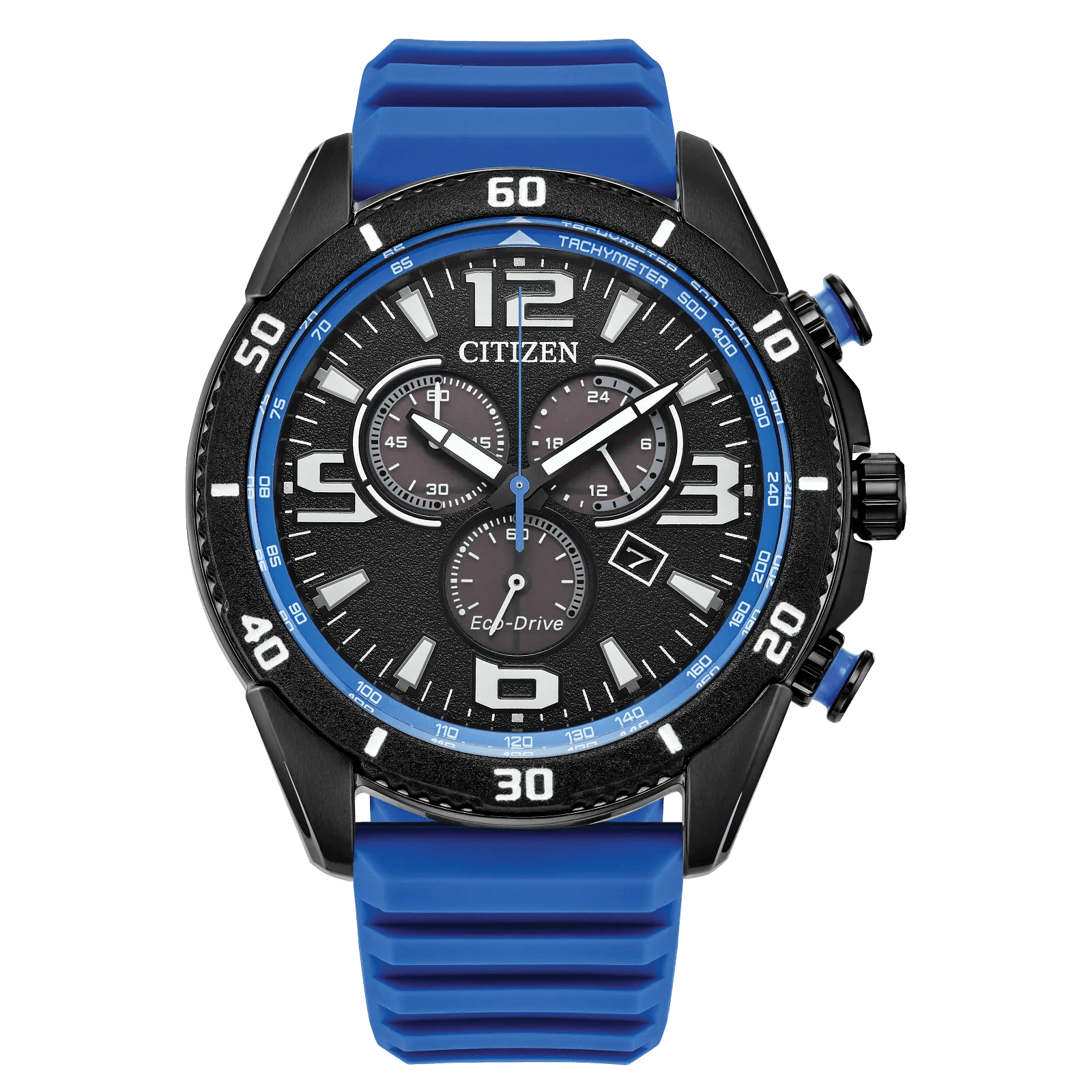 Blue Citizen chronograph watch with a black bezel and blue silicone strap.