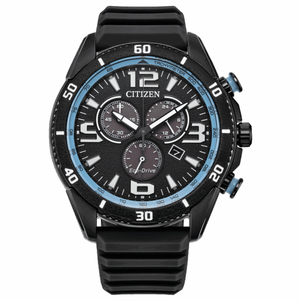 A black Citizen chronograph watch with blue accents and multiple dials.