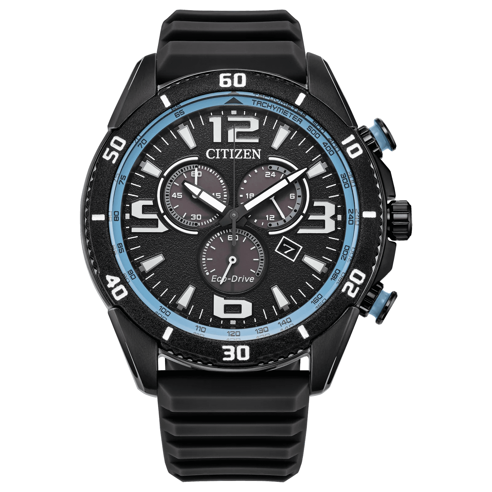 A black Citizen chronograph watch with blue accents and multiple dials.