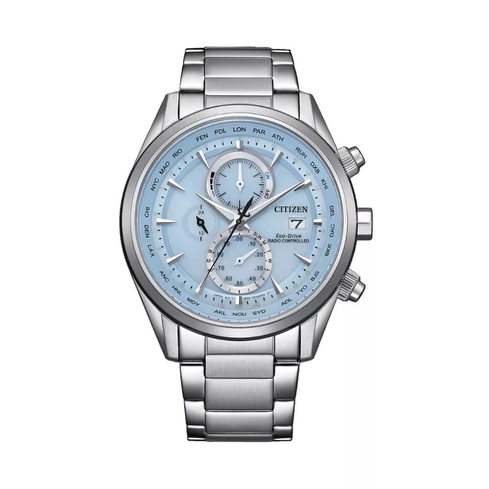 Elegant silver wristwatch with a light blue dial and chronograph features.