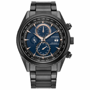 Sleek black metal Citizen chronograph watch with blue dial and multiple subdials.