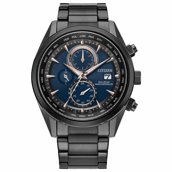Sleek black metal Citizen chronograph watch with blue dial and multiple subdials.