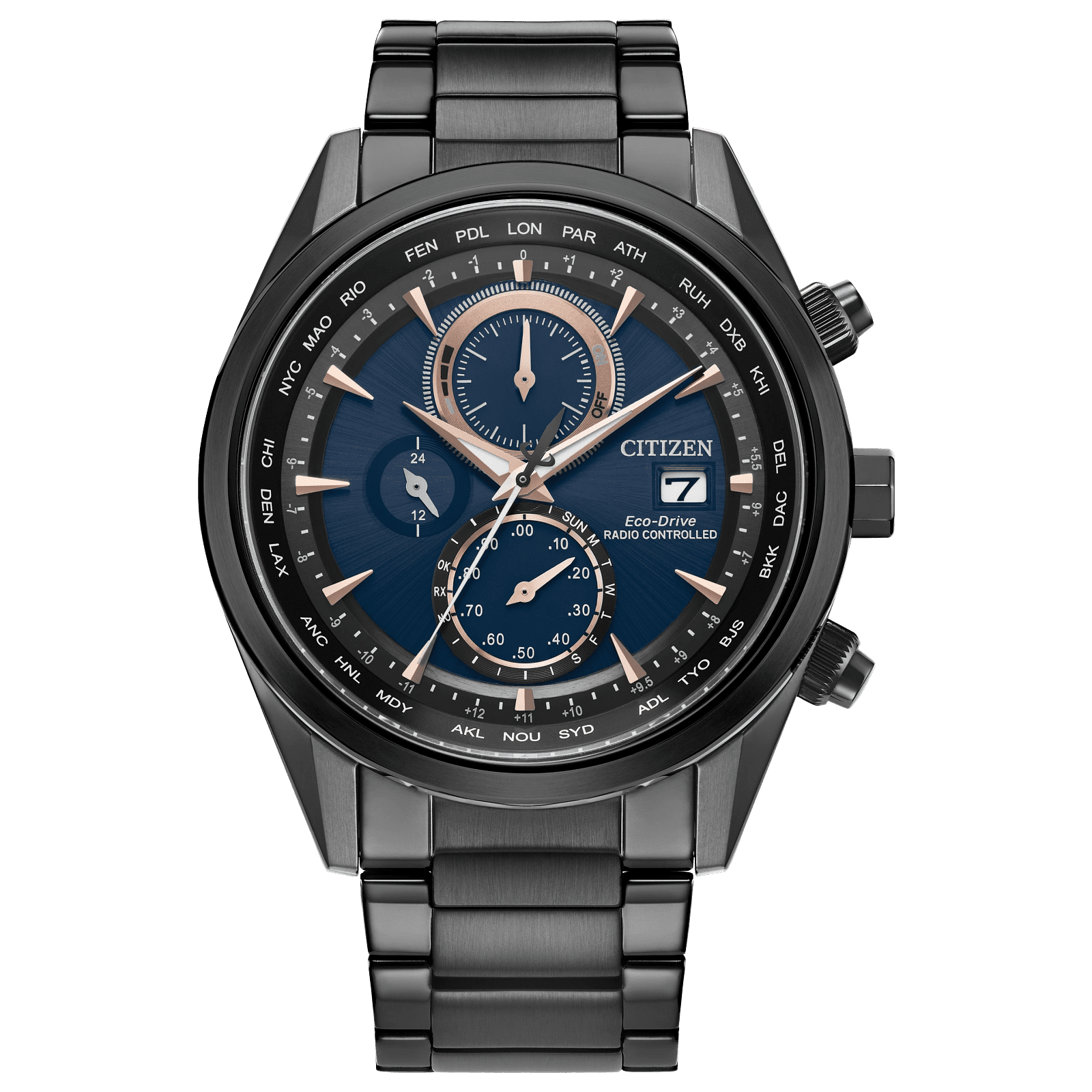 Sleek black metal Citizen chronograph watch with blue dial and multiple subdials.