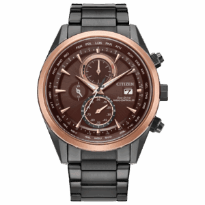 Elegant men's wristwatch with a brown dial and black metal strap.
