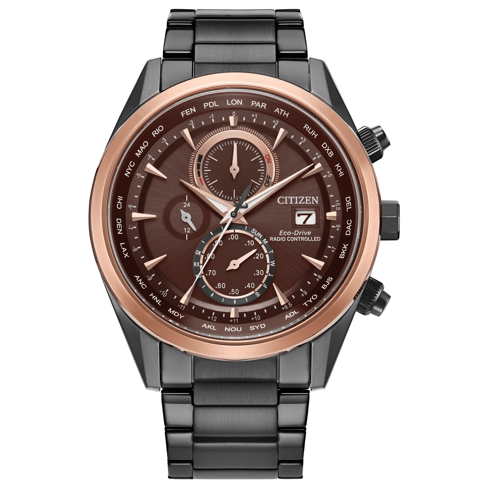 Elegant men's wristwatch with a brown dial and black metal strap.