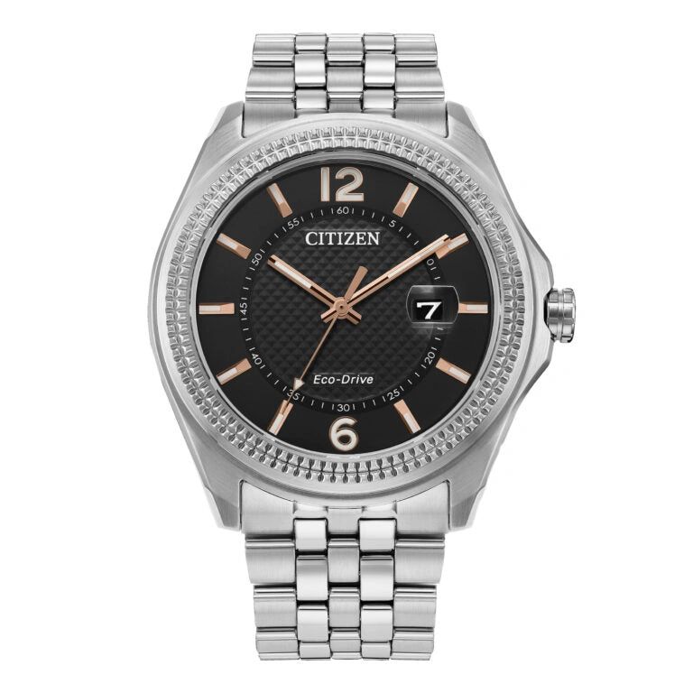 Silver Citizen wristwatch with black dial and metal strap.