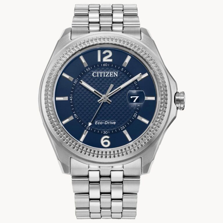 Silver Citizen wristwatch with a blue dial and metal bracelet.