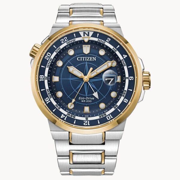 Elegant two-tone wristwatch with blue dial and gold accents.
