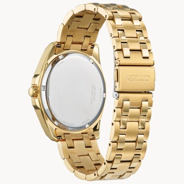 Elegant gold wristwatch with a linked metal band and a sleek round face.