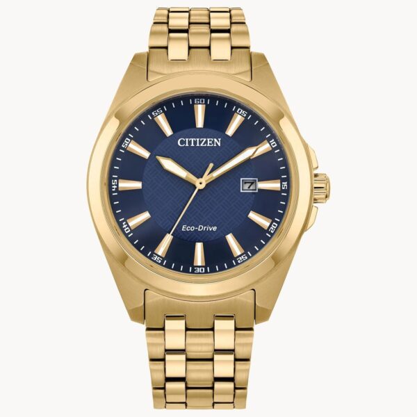 A gold Citizen wristwatch with a blue dial and date display.