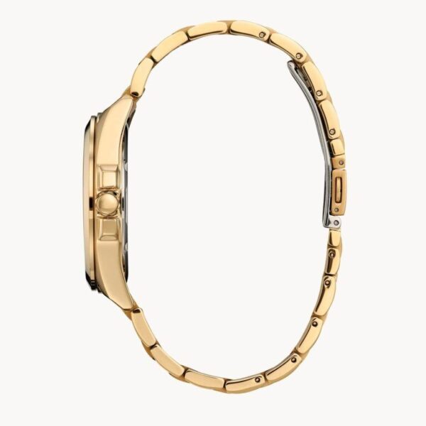 Side view of a gold wristwatch with a bamboo-style band.