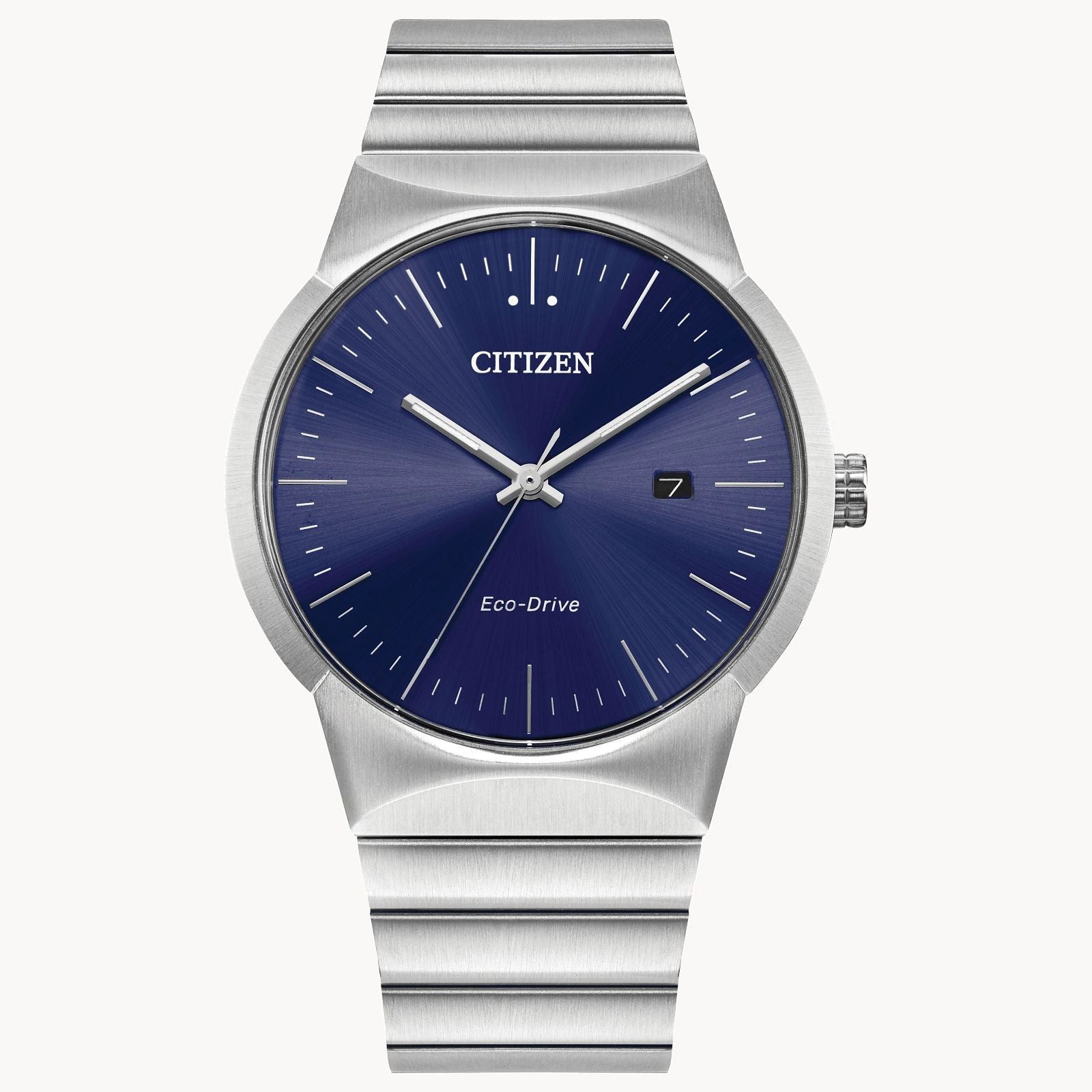 Sleek Citizen wristwatch with a blue dial and silver metal band.