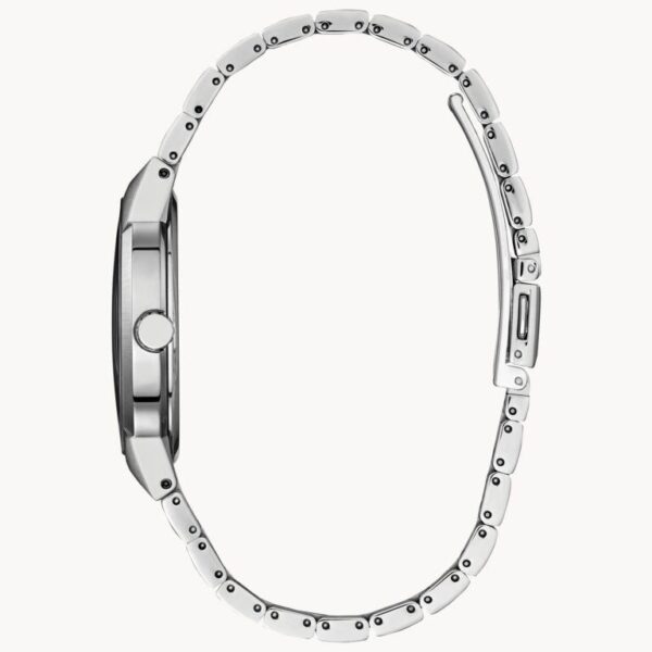 Side view of a sleek silver wristwatch with a chain link band.