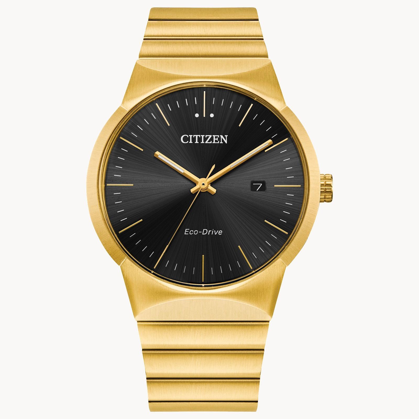 Elegant gold Citizen watch with black dial and date display.