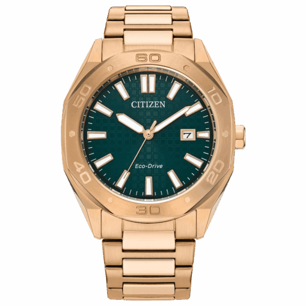 Elegant rose gold Citizen wristwatch with a green dial and date display.