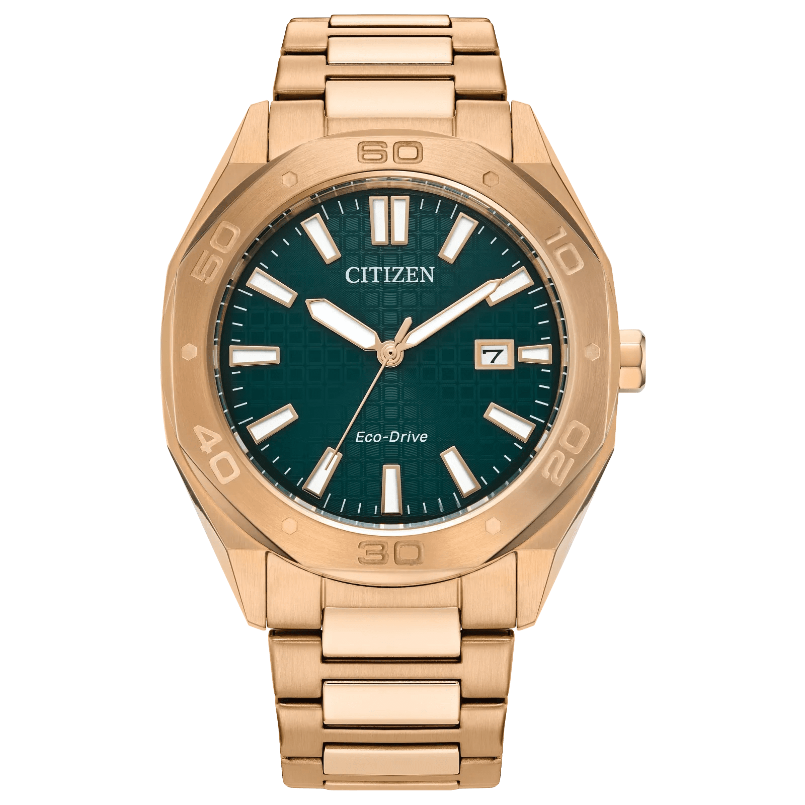 Elegant rose gold Citizen wristwatch with a green dial and date display.