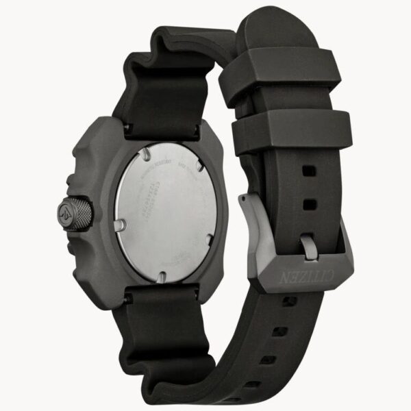 Back view of a black wristwatch with a rubber strap and buckle.