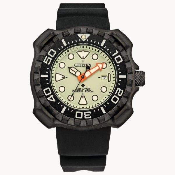 Black Citizen dive watch with luminous dial and rubber strap.