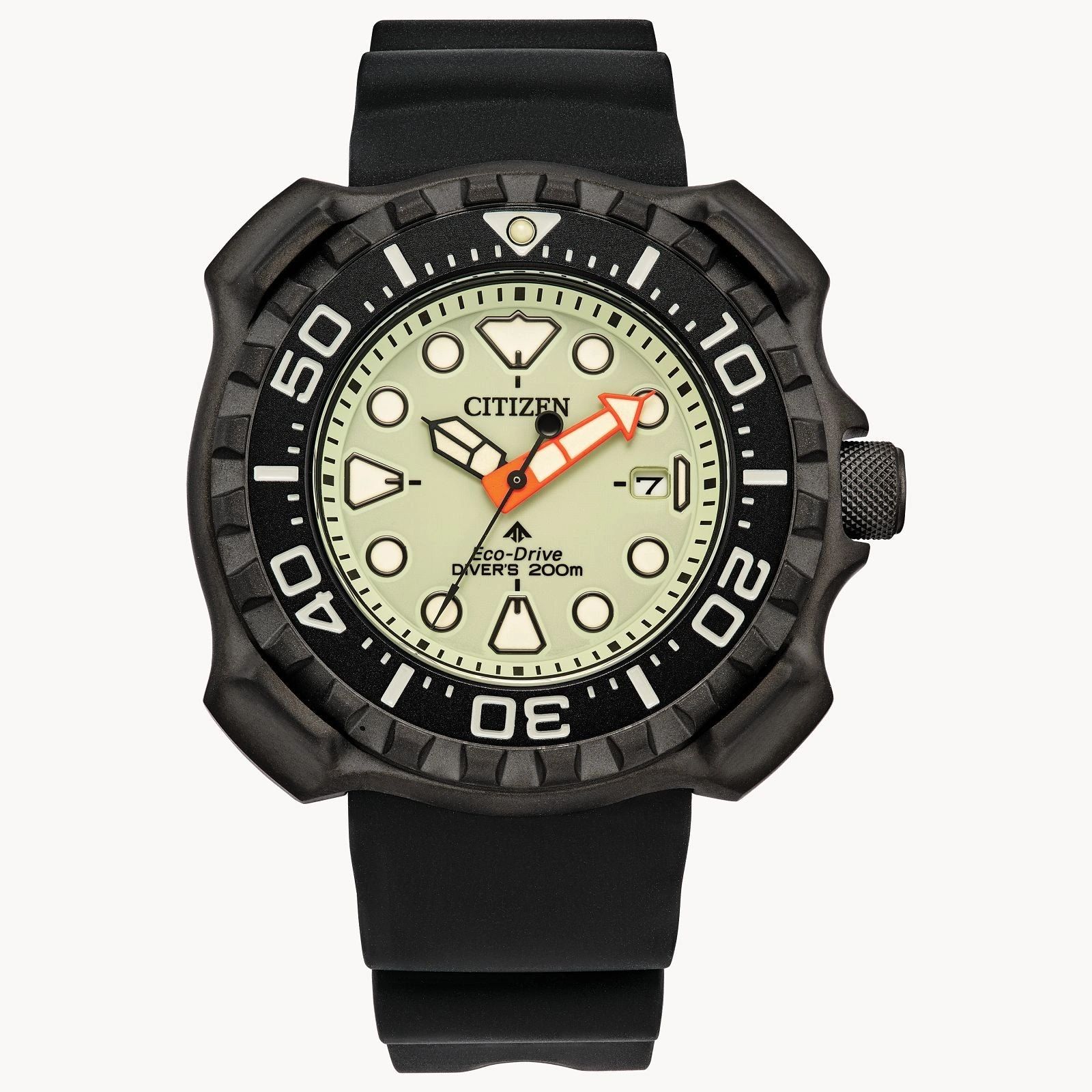 Black Citizen dive watch with luminous dial and rubber strap.