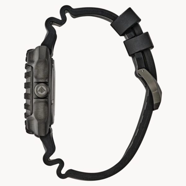 Side view of a black digital wristwatch with a rugged design.