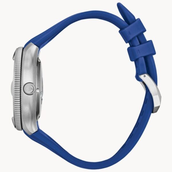 Side view of a silver watch with a blue silicone strap.