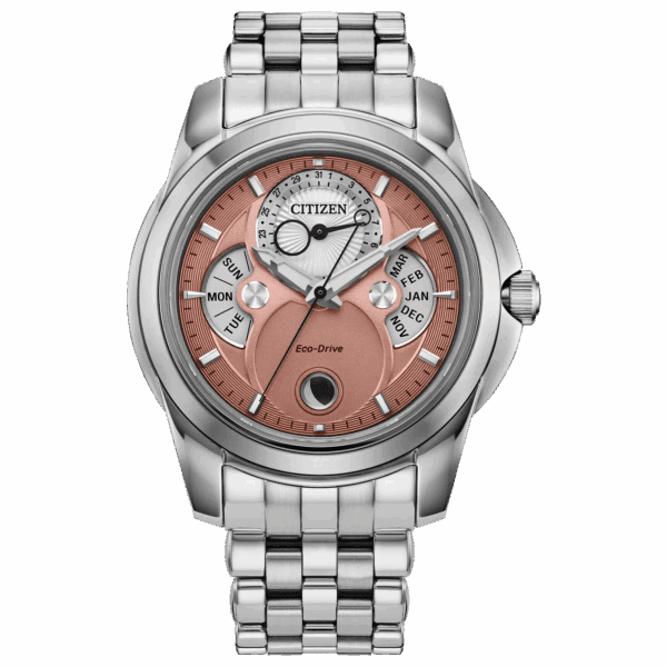 Elegant silver wristwatch with a rose gold dial and multiple subdials.