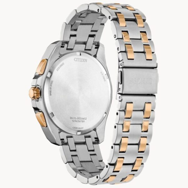 Silver and gold wristwatch with a metal link band and crown detailing.
