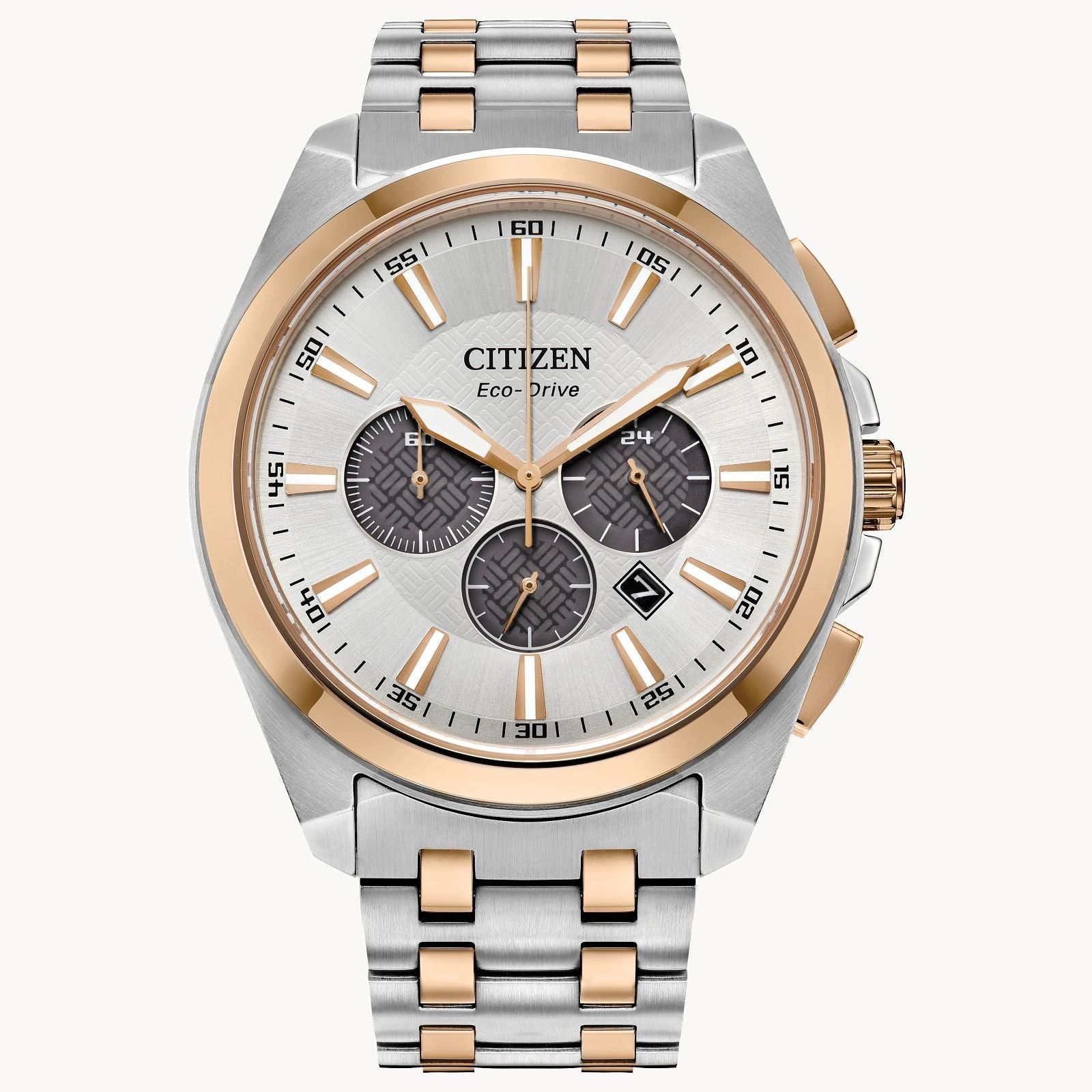 A stylish Citizen wristwatch with a silver and rose gold metal band.