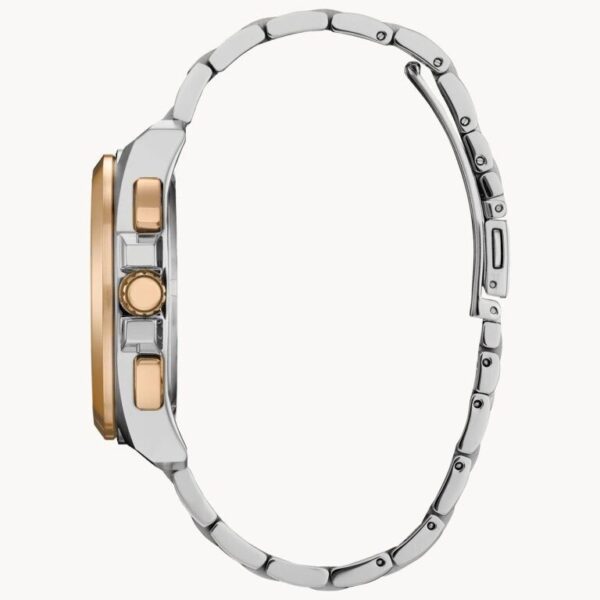 Side view of a modern wristwatch with a metal band and rose gold accents.