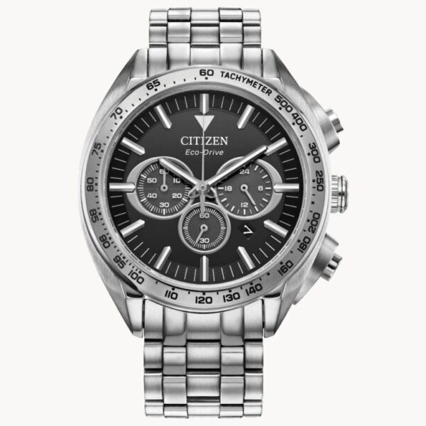 Elegant Citizen chronograph wristwatch with a black dial and stainless steel band.