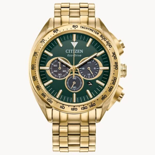 Elegant gold Citizen wristwatch with green dial and chronograph features.