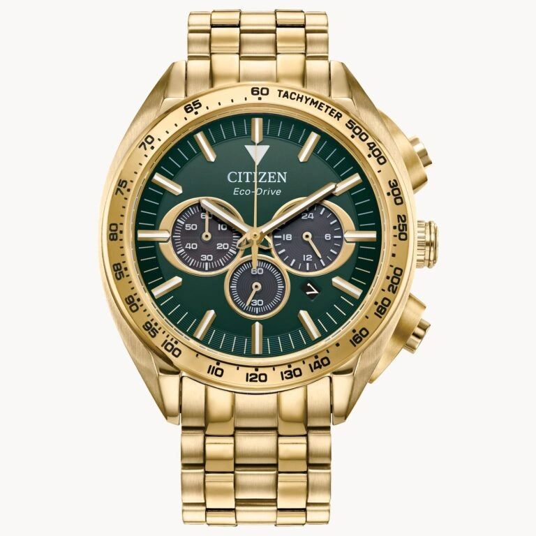 Elegant gold Citizen wristwatch with green dial and chronograph features.