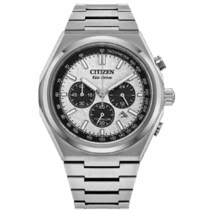 Silver Citizen Eco-Drive chronograph watch with white dial.