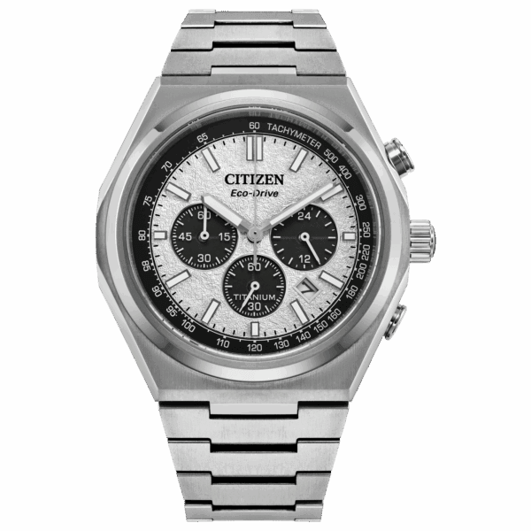 Silver Citizen Eco-Drive chronograph watch with white dial.