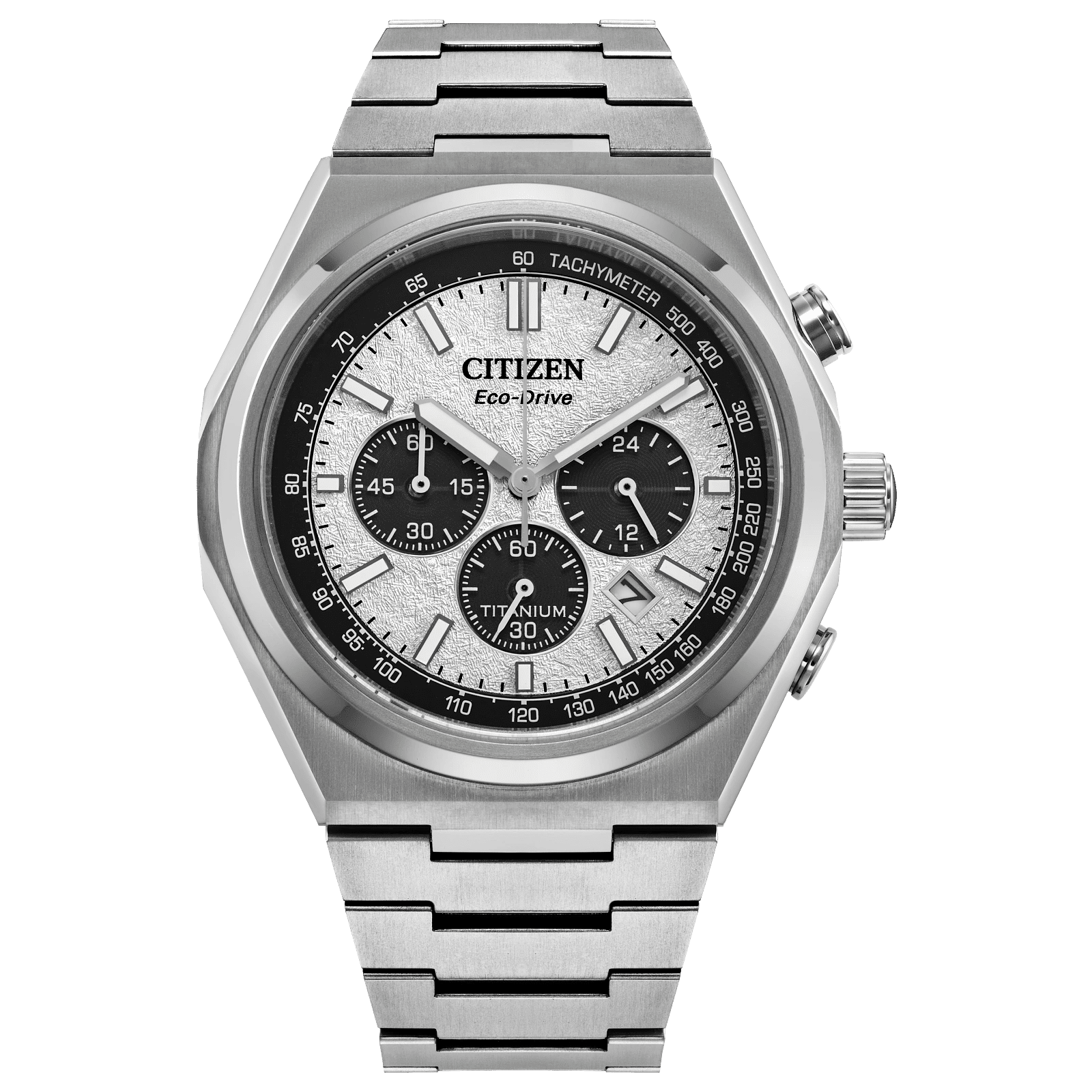 Silver Citizen Eco-Drive chronograph watch with white dial.