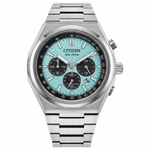 Silver Citizen Eco-Drive watch with a turquoise dial and black subdials.