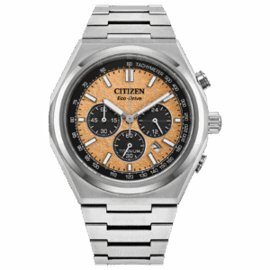 Citizen Eco-Drive wristwatch with orange dial and stainless steel bracelet.