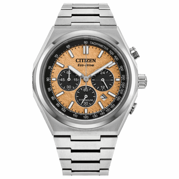 Citizen Eco-Drive wristwatch with orange dial and stainless steel bracelet.