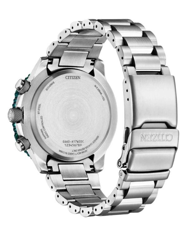 Back view of a silver wristwatch showing its metal strap and caseback.