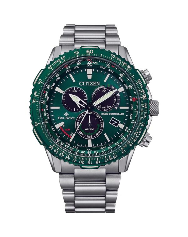 Citizen wristwatch with green bezel and silver metal band.