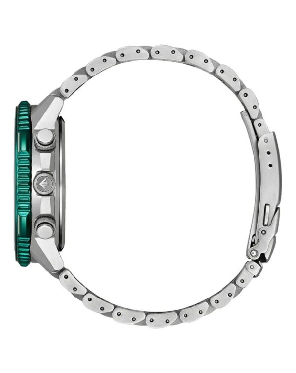 Side view of a sleek silver smartwatch with a green screen and metal band.