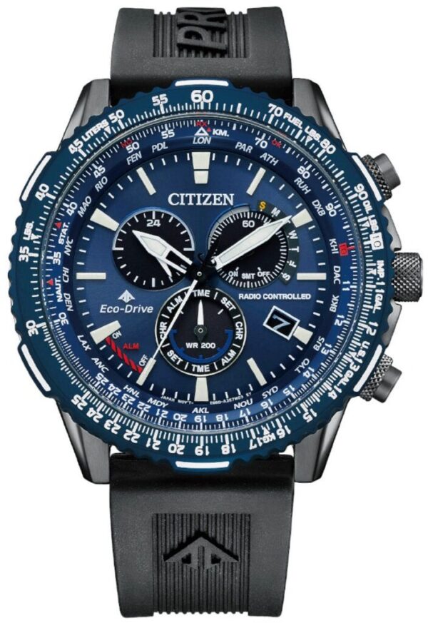Citizen blue analog chronograph watch with multiple dials and black strap.