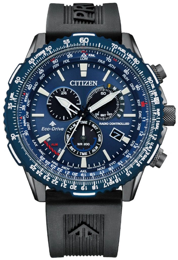 Citizen blue analog chronograph watch with multiple dials and black strap.